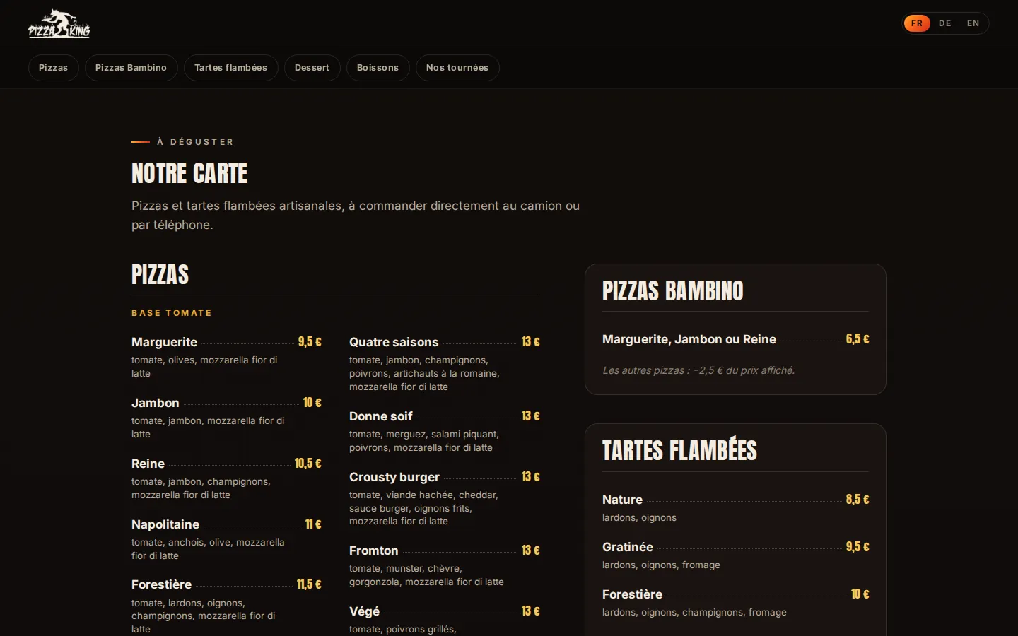 La carte des pizzas et des tartes flambées